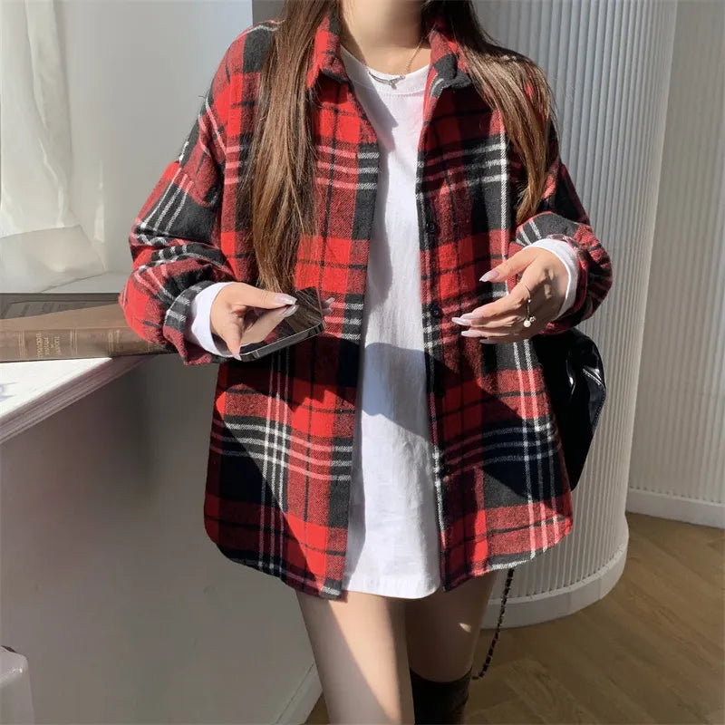 Fall Oversized Brown Black Plaid Shirt, Long Length Button Front Loose Fit Blouse