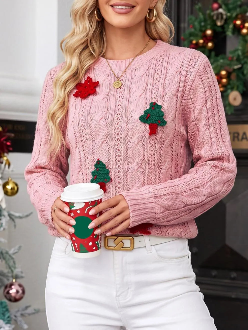 3D Christmas Tree Snowflake Cable Knit Sweater Crew Neck Long Sleeve Holiday Pullover