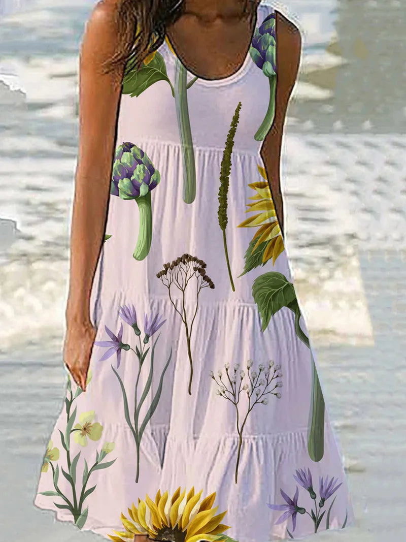 Floral Print Sleeveless Round Neck Tiered Midi Dress