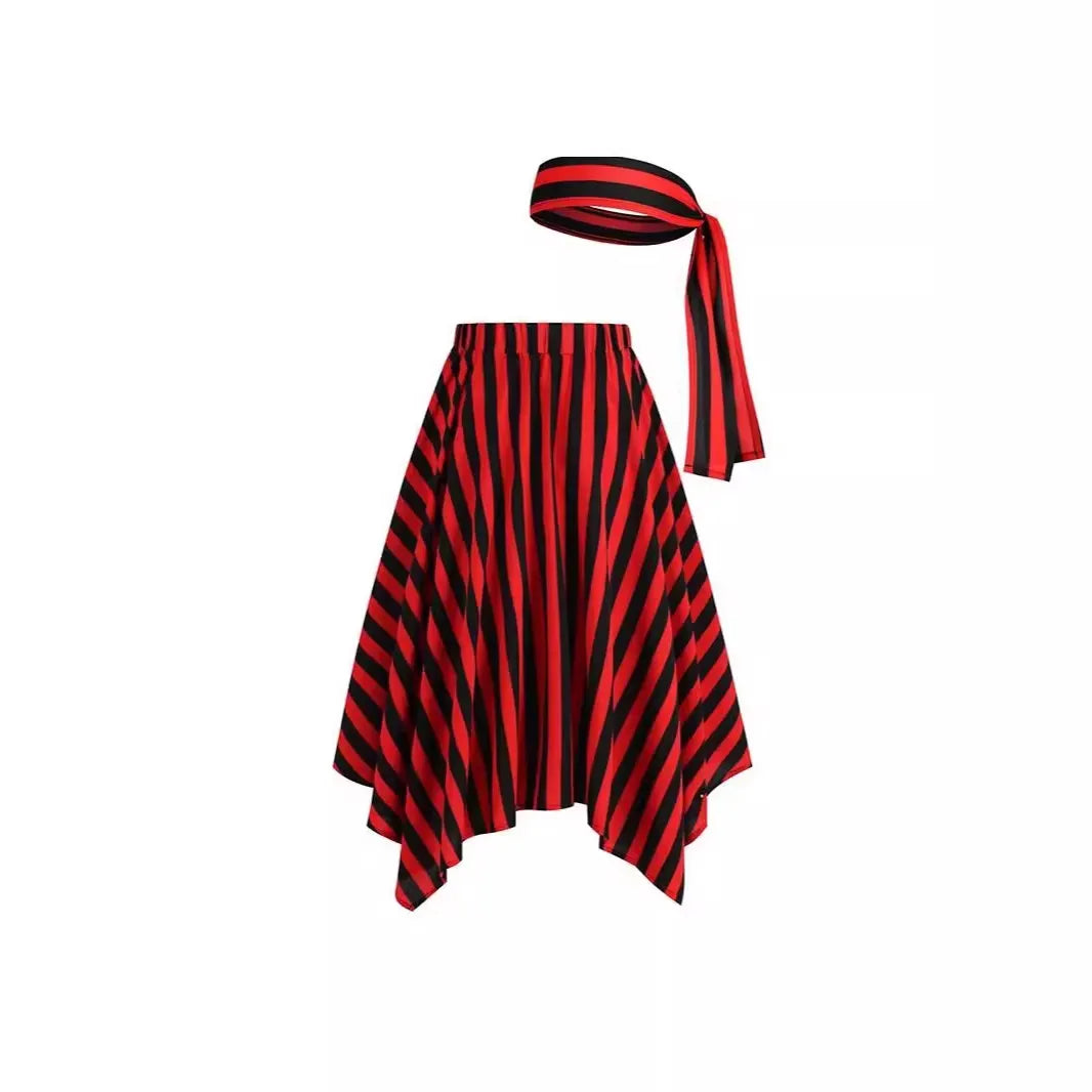 Halloween Red Black Diagonal Stripe Irregular Asymmetrical Midi Skirt