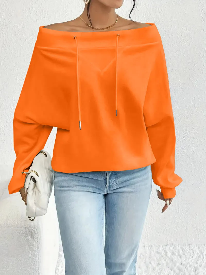Off-the-Shoulder Dolman Sleeve Sweatshirt Drawstring Neck Top