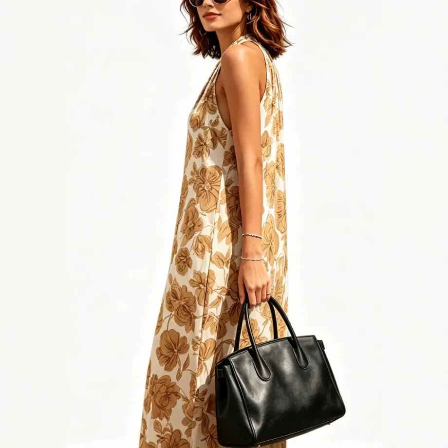 Halter Neck All Over Floral Print Loose Mid Waist Maxi Vacation Dress
