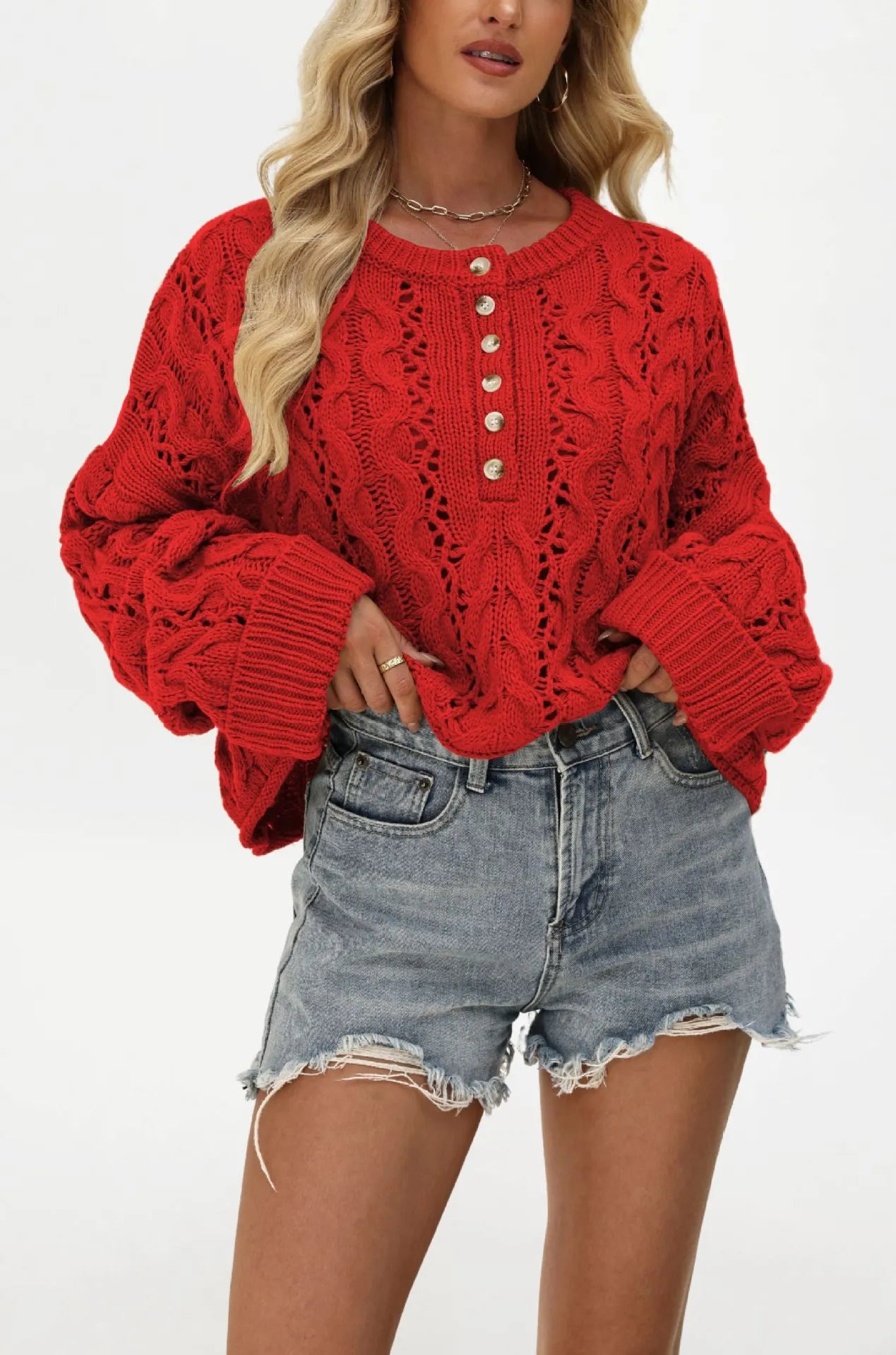 Romantic Hollow Cable Knit Henley Jumper Oversized Button Detail Long Sleeve Sweater