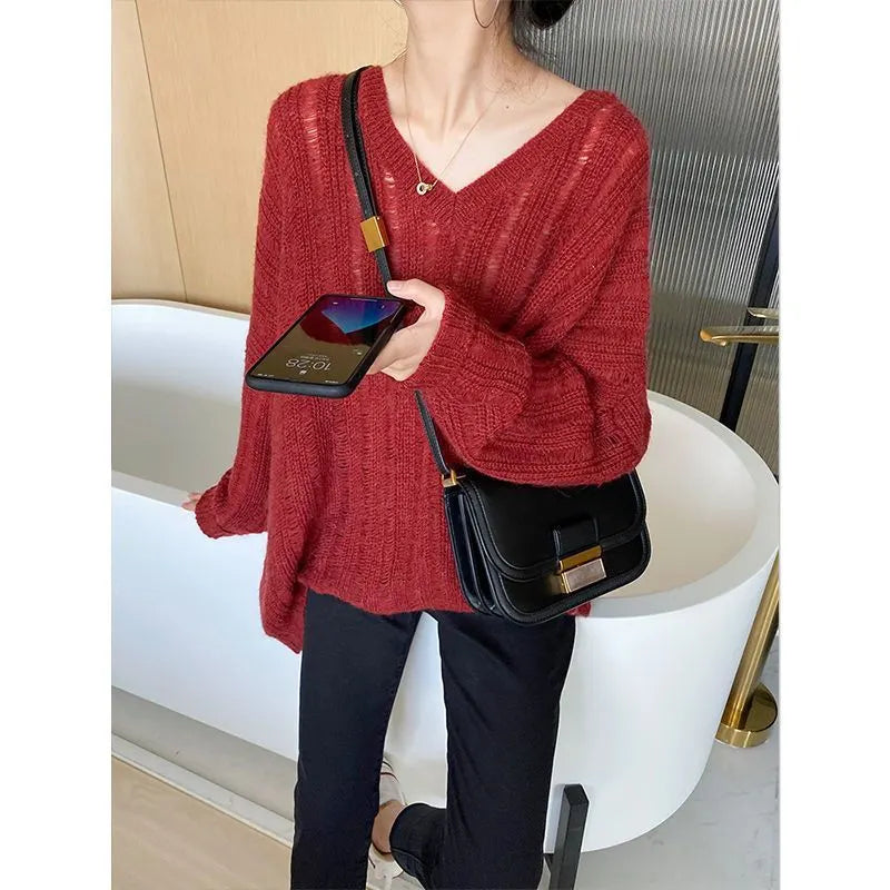 Oversized V‑Neck Loose Knit Sweater