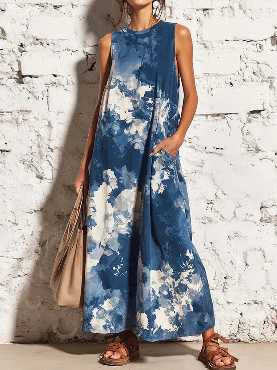 Blue Tie-Dye Sleeveless Loose Maxi Dress