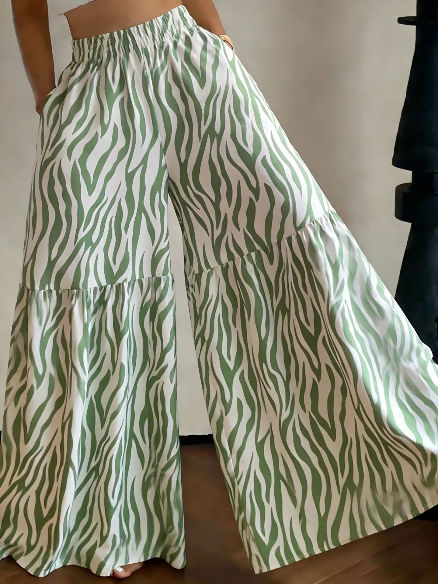 Elastic High Waist Floral Print Ruffle Wide Leg Palazzo Pants