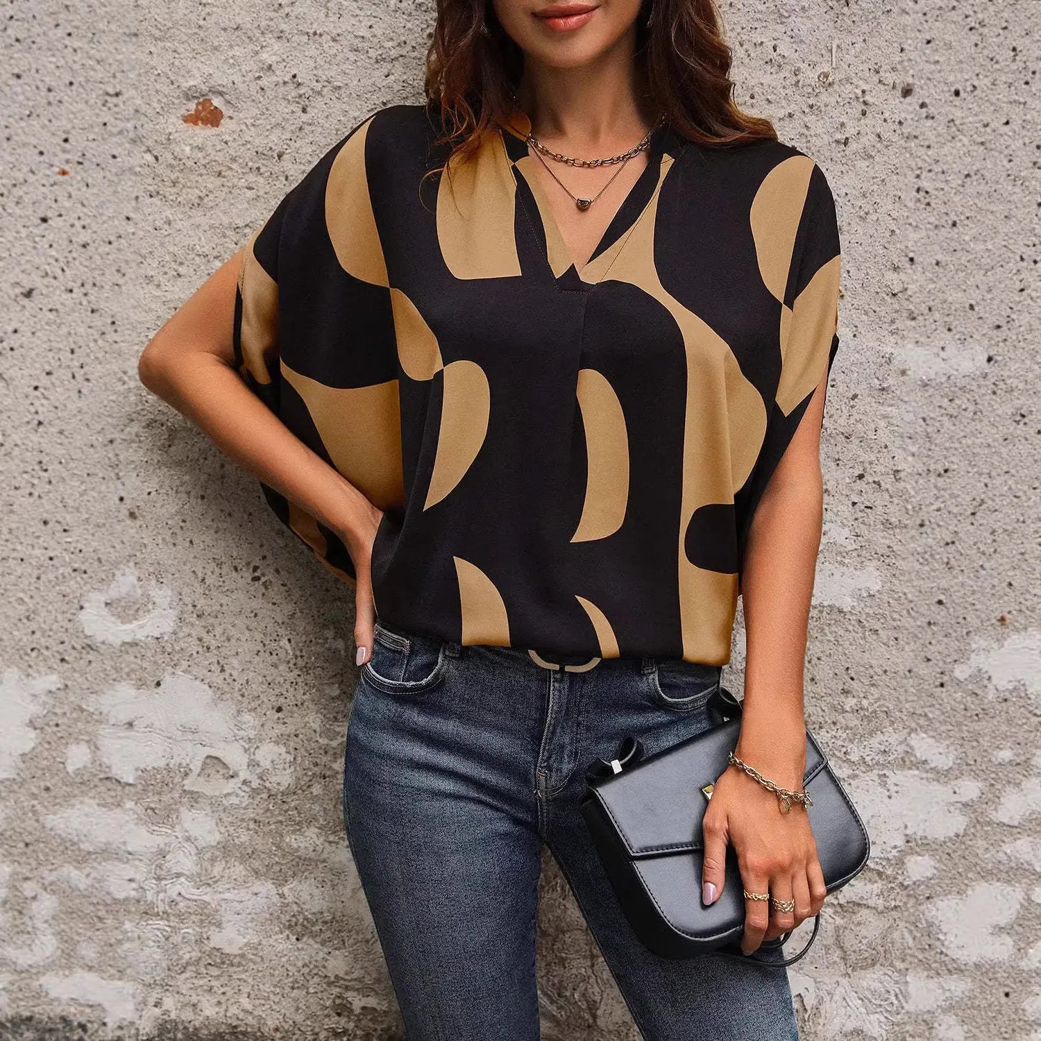 Color Block V-Neck Batwing Sleeve Loose Casual T-Shirt