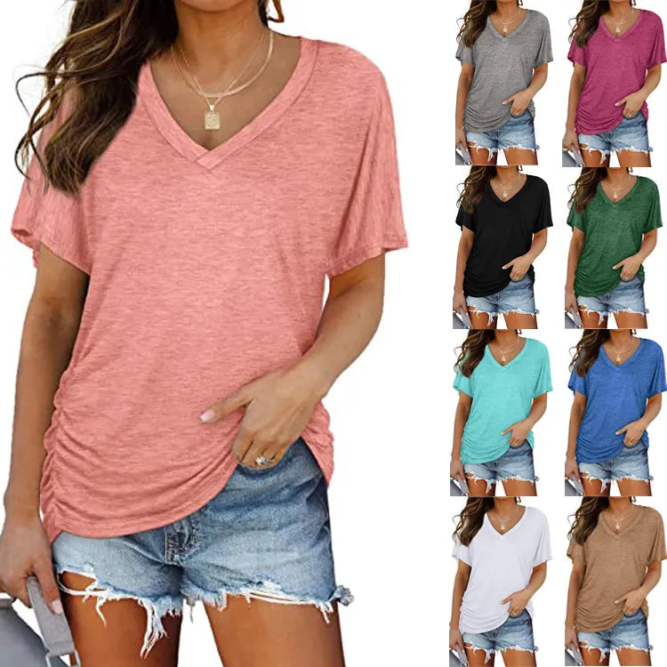 V-Neck Solid Color Loose Short Sleeve Rayon Blend Casual T-shirt