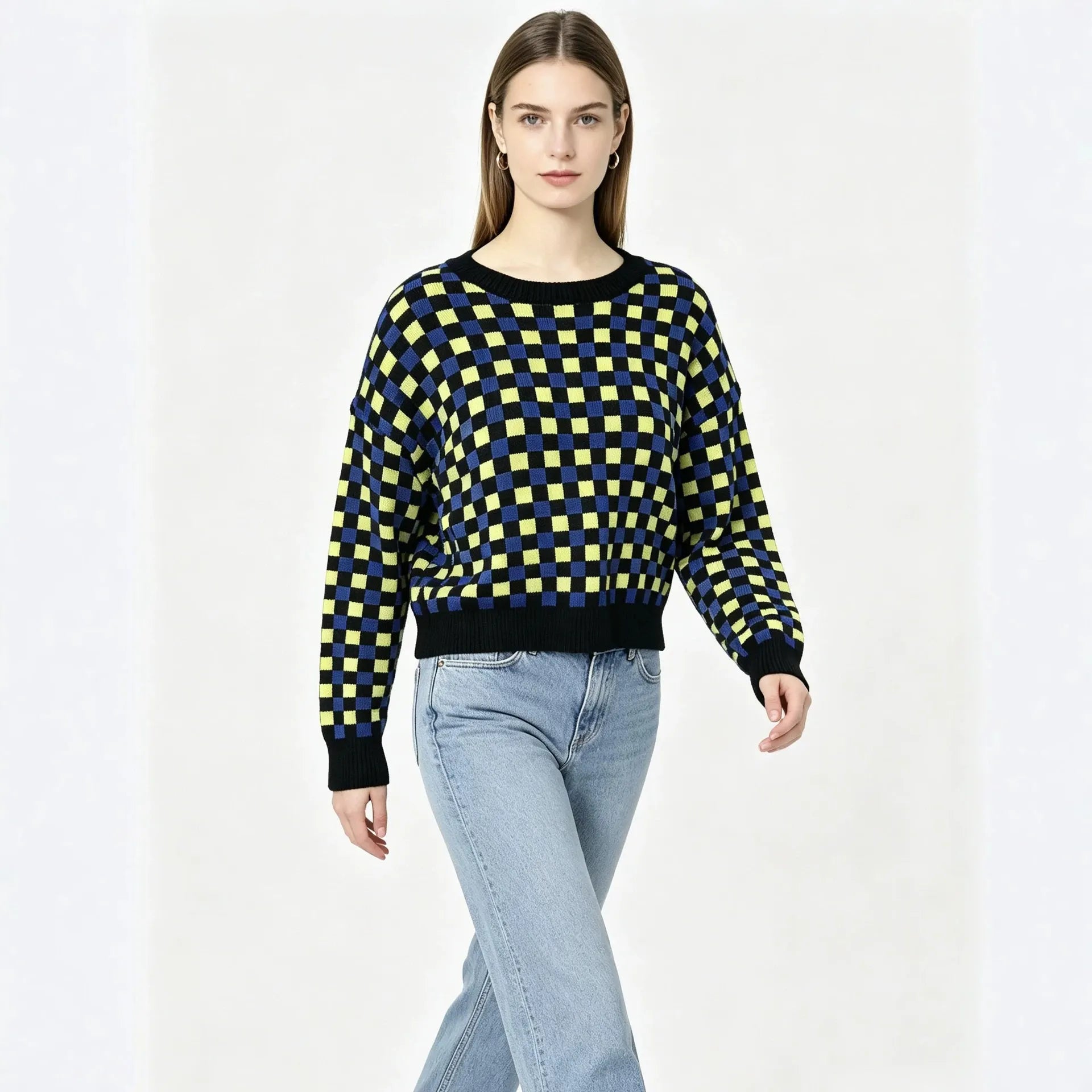 Color Block Checkerboard Jacquard Round Neck Pullover Sweater