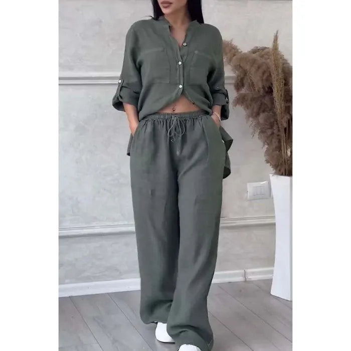 Green Linen-Blend Button-Down Shirt & Wide-Leg Pants Set