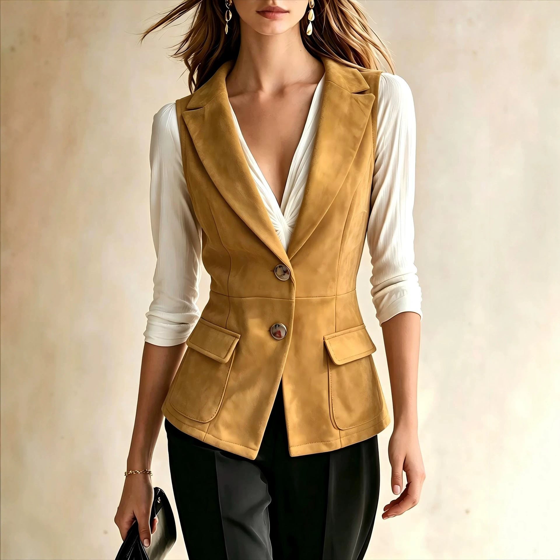 Black Fitted Blazer Vest, Sleeveless Notched Lapel Button Waistcoat for Office & Daily