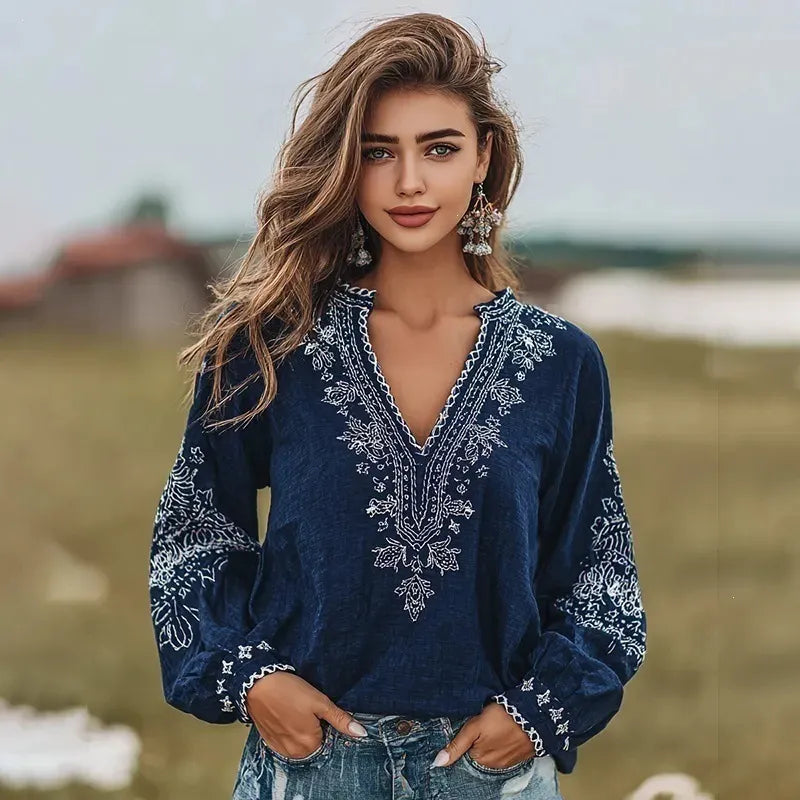 3D Digital Print V-Neck Lantern Long Sleeve Retro Casual Blouse