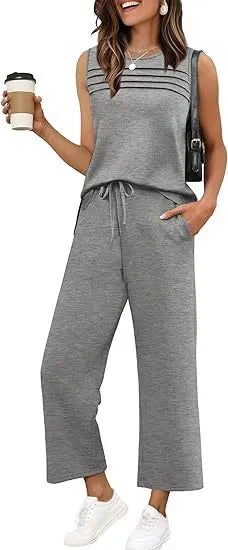 Solid Sleeveless Striped Detail Tank Top & Drawstring Cropped Pants
