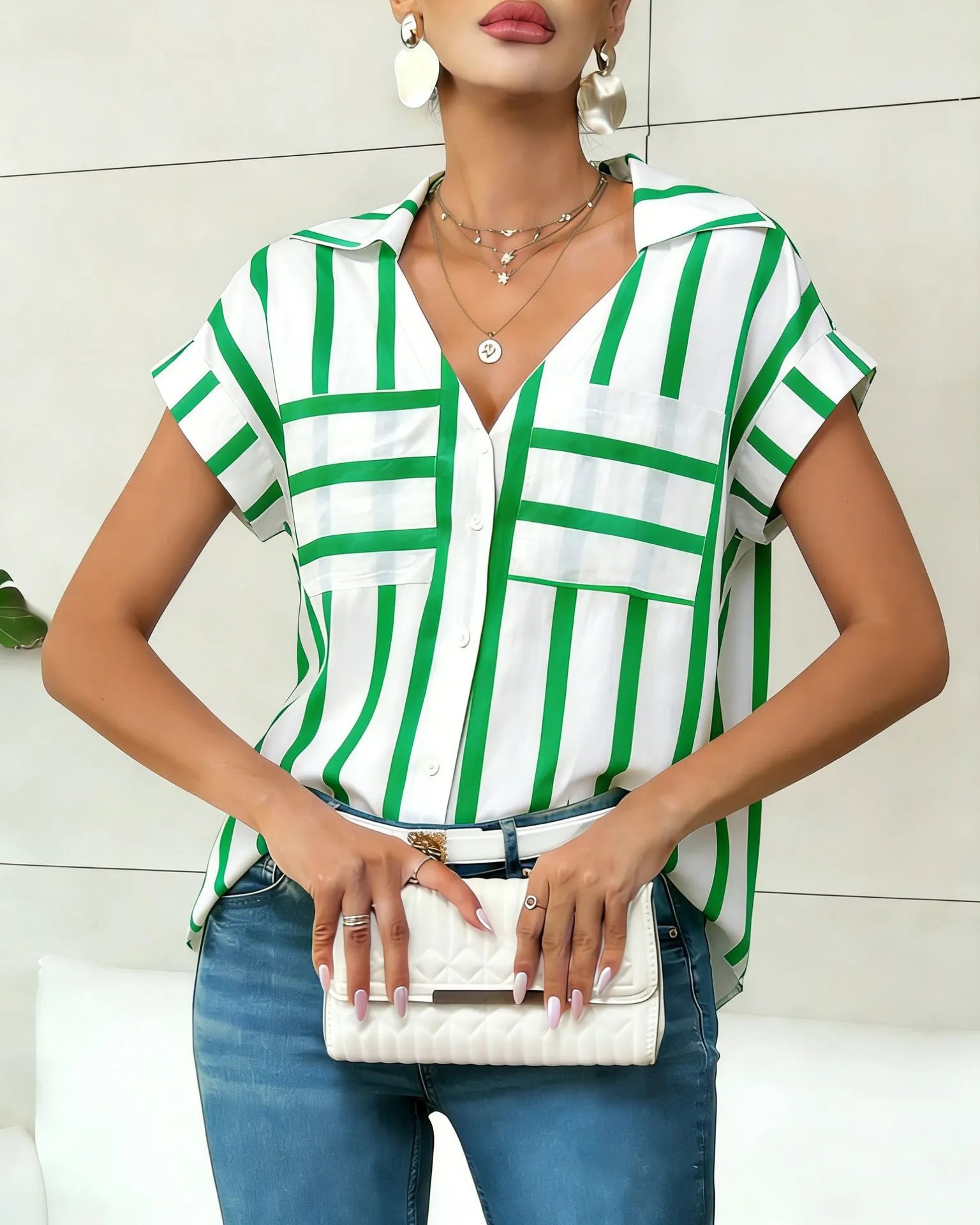Striped Print V-Neck Batwing Sleeve Pocket Shirt