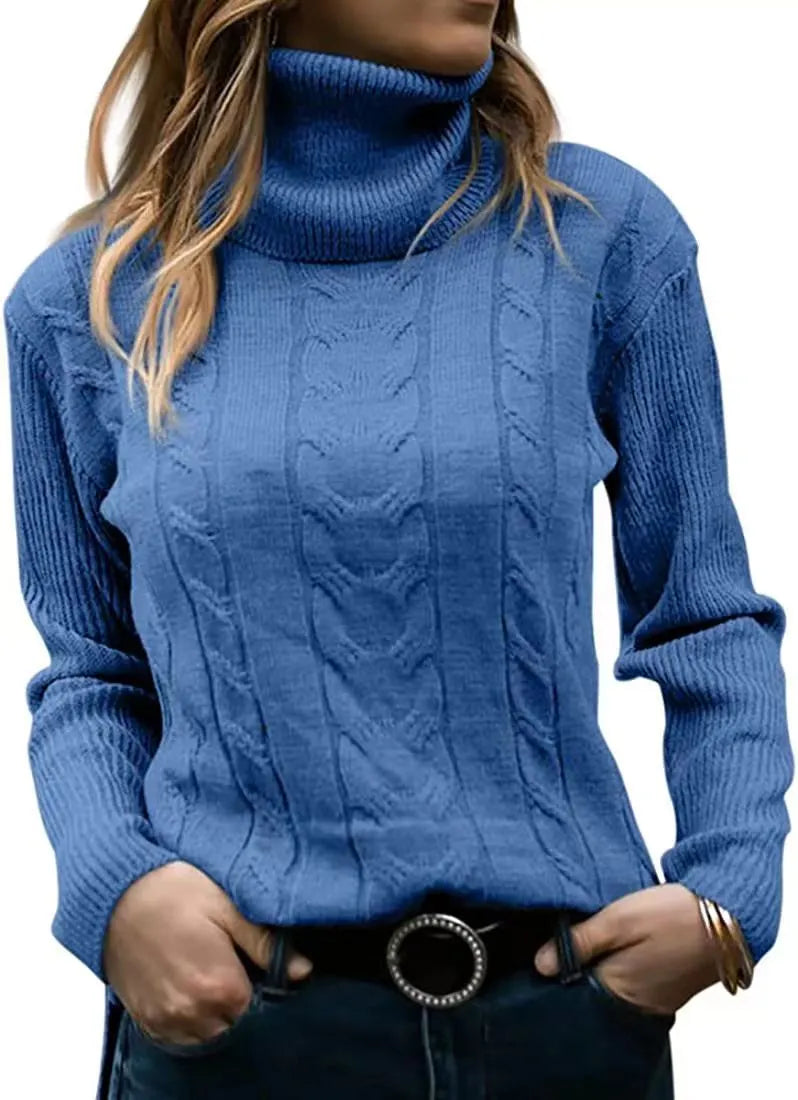 Thick Cable Knit Turtleneck Sweater, Classic Warm Long Sleeve Winter Jumper