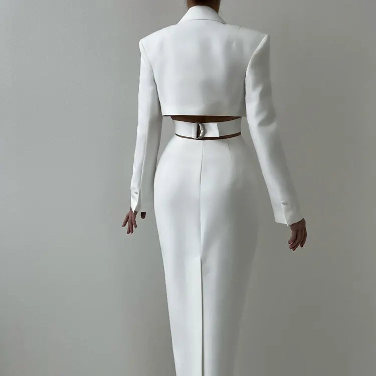 Sleek White Cutout Blazer Midi Dress with Button Front