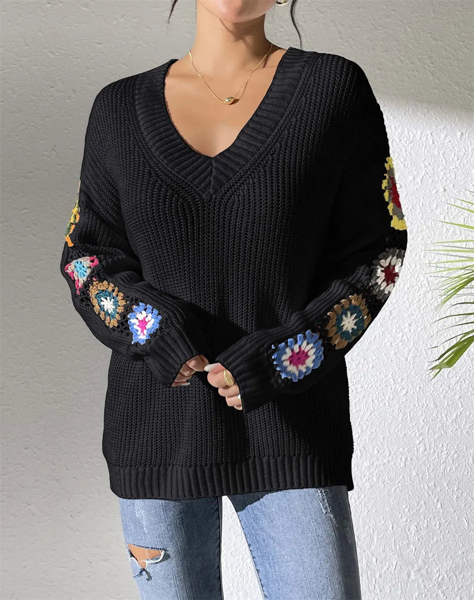 V‑Neck Loose Pullover Sweater With Crochet Floral Sleeve