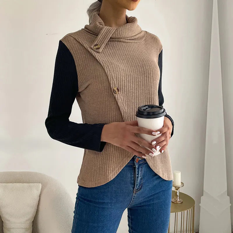 Irregular Spliced Stacked Collar Pullover Sweater