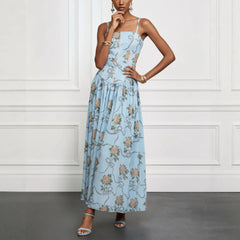 Floral Print Adjustable Spaghetti Strap Mid Waist Slim A-Line Maxi Dress