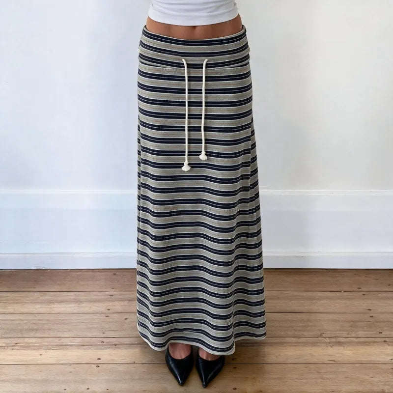 Striped Maxi Skirt, Drawstring Waist Casual Long A Line Skirt with Tassel