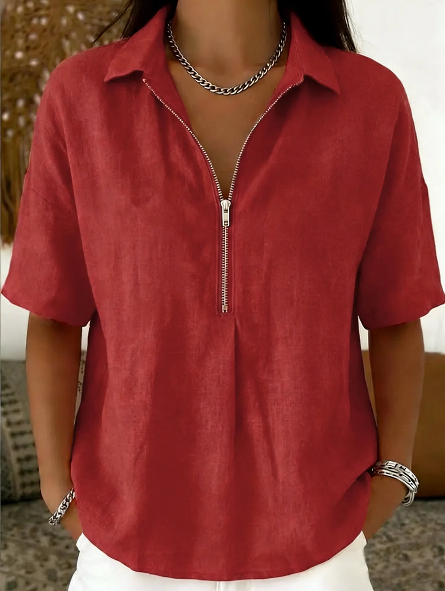 Solid Lapel Half Zip Short Sleeve Casual Top