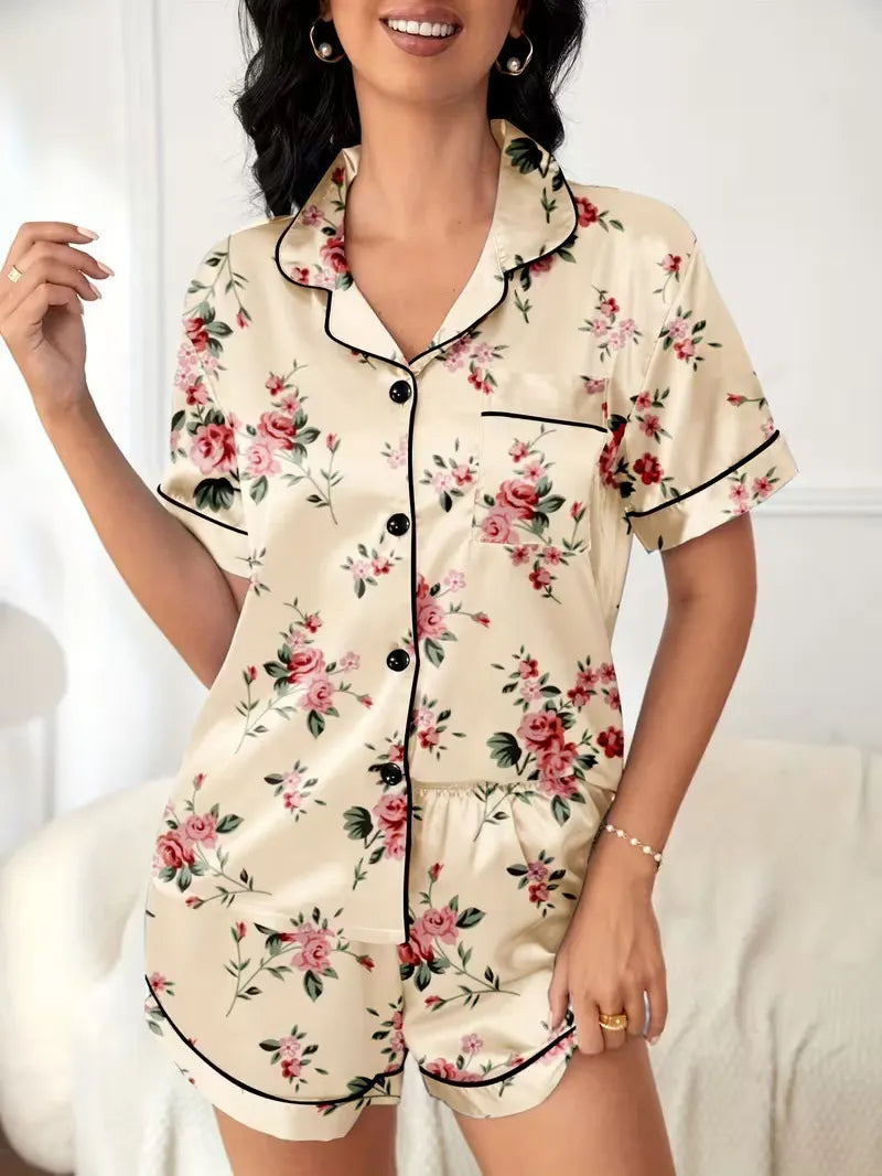 Ladies Plus Size Friendly Satin Pajama Set Cute Panda Heart Pattern Short Sleeve Top & Elastic Shorts Nightwear