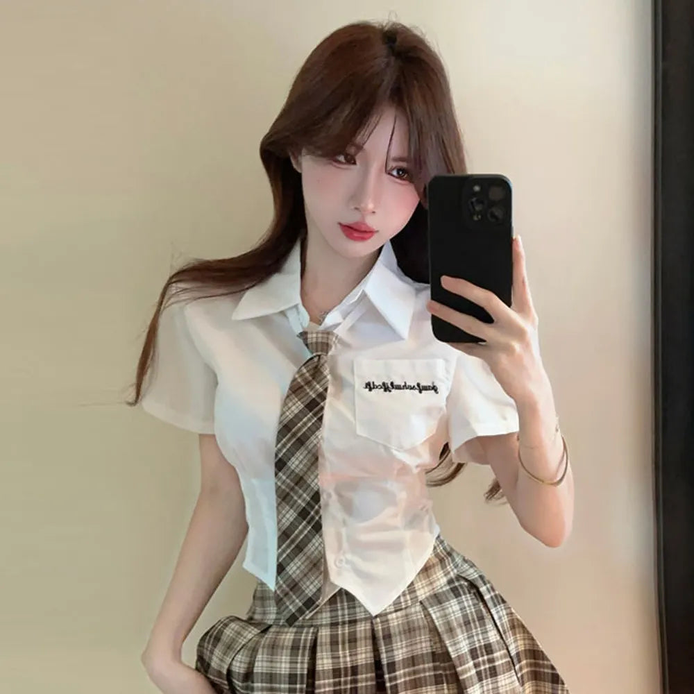 Schoolgirl Style Plaid Skirt & Fitted Shirt Two-Piece Set