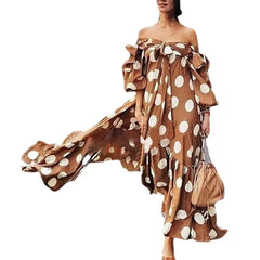 Off Shoulder Puff Long Sleeve Polka Dot Loose Swing Maxi Dress