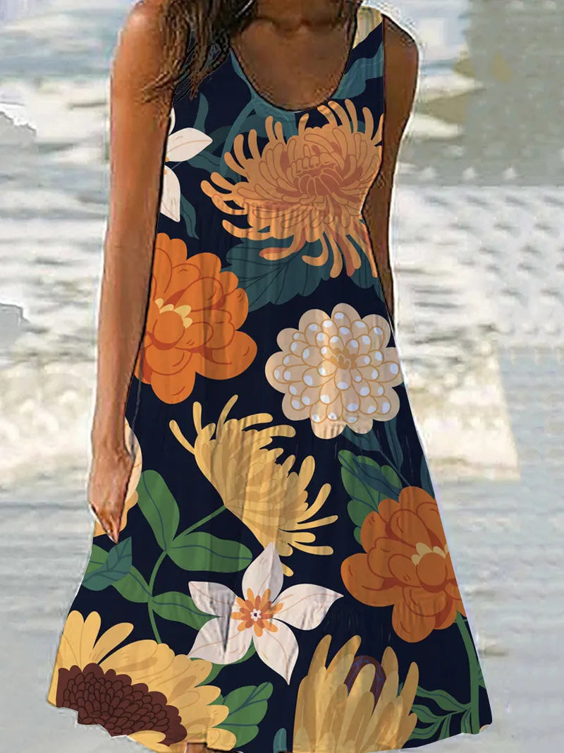 Floral Print Sleeveless Round Neck Tiered Midi Dress