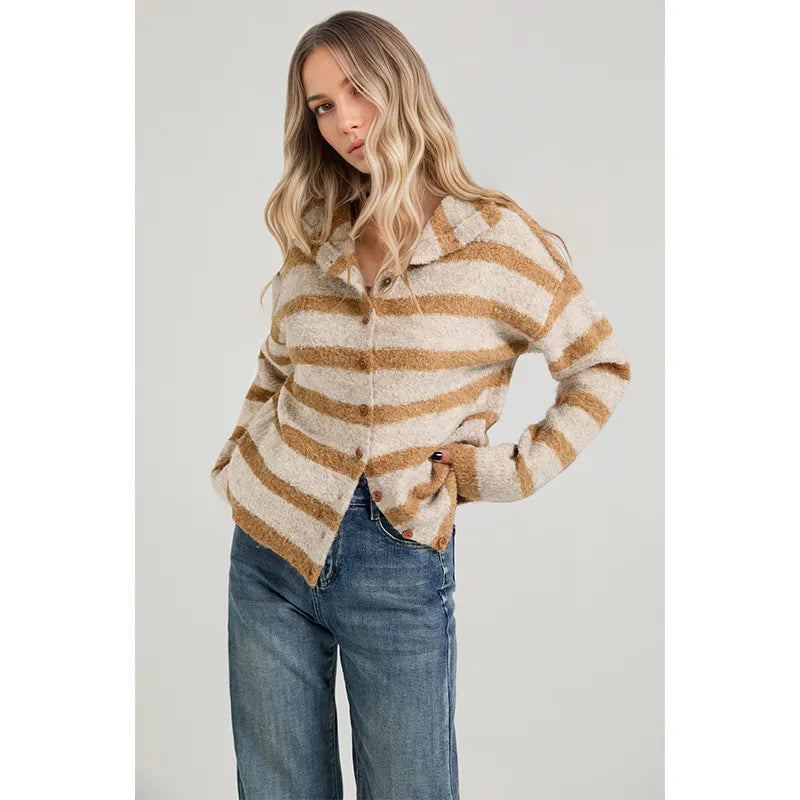 Casual Striped Collared Knit Cardigan Long Sleeve Button Front Sweater for Women