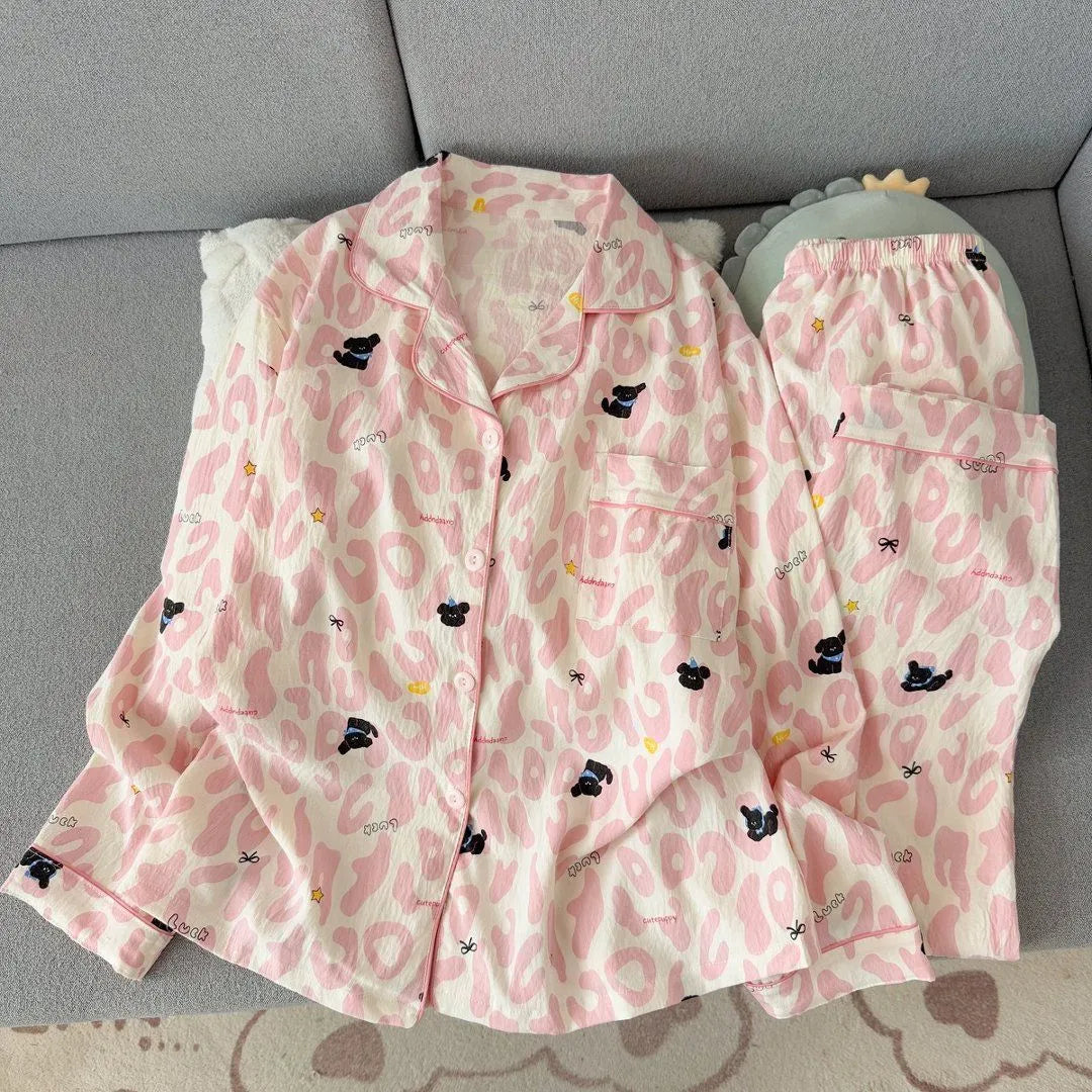 Light Blue Leopard Shirt & Pants 2 Piece Pajamas with Pocket Embroidery