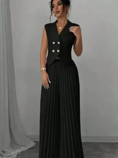 2 Piece Set Blazer Vest & Pleated Wide Leg Pants Outfit