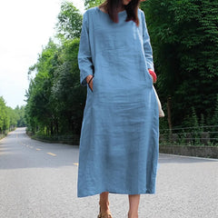 Loose Cotton Linen Round Neck Long Sleeve Maxi Dress Casual Pocket Campus Daily Commuter Dress
