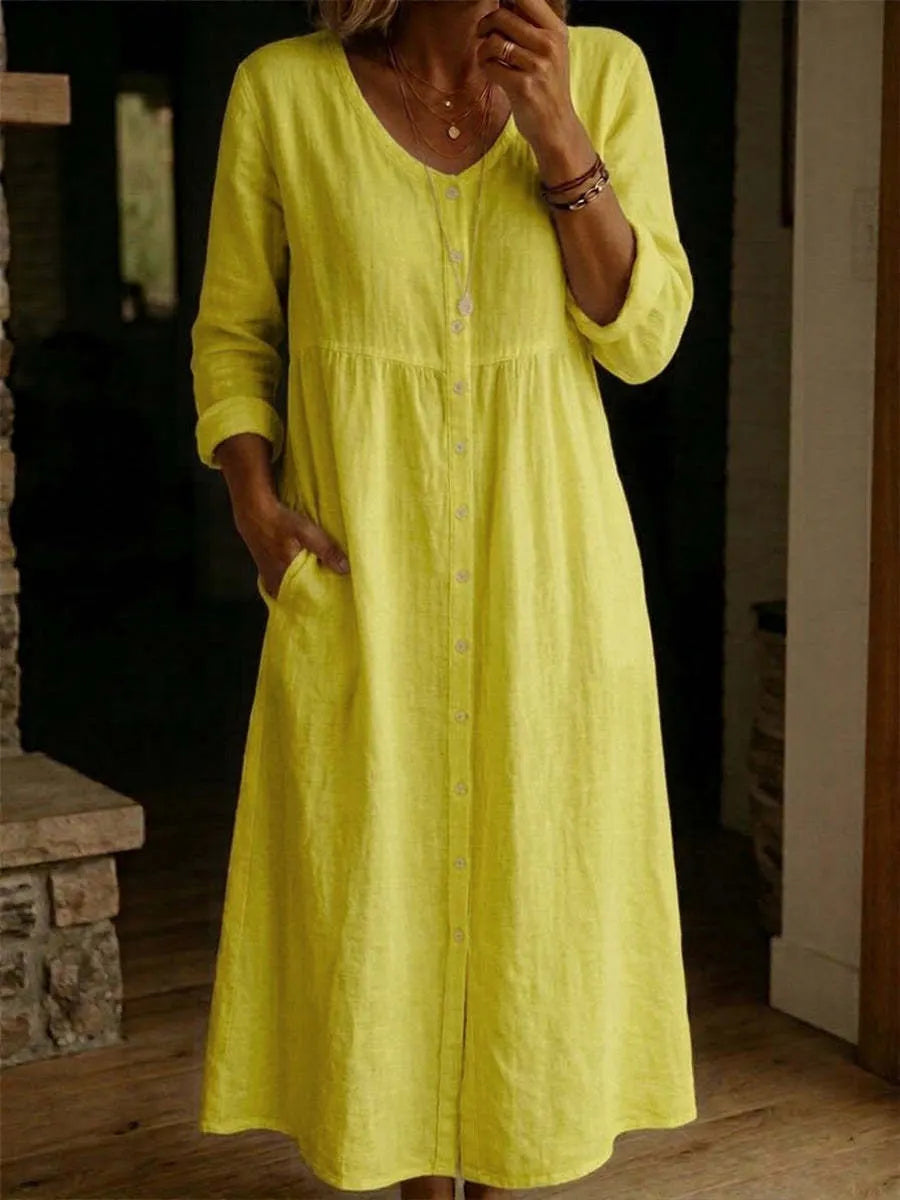 Linen Blend Button Down Midi Dress