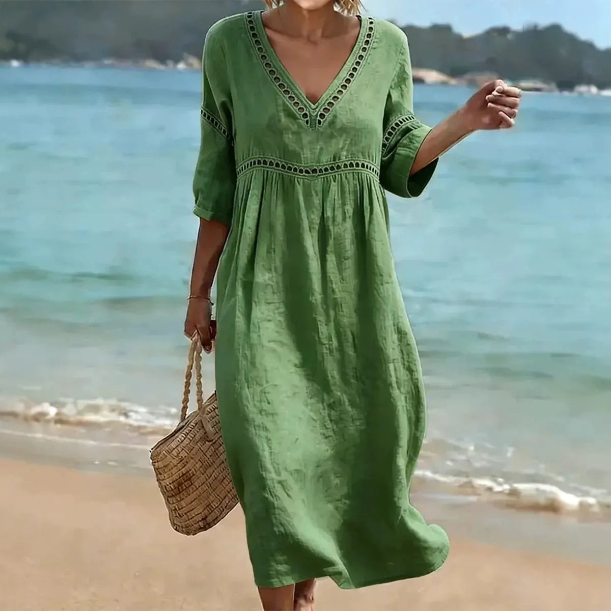 Deep V Neck Embroidery Trim Loose Cotton Linen Pull Pleat Maxi Dress