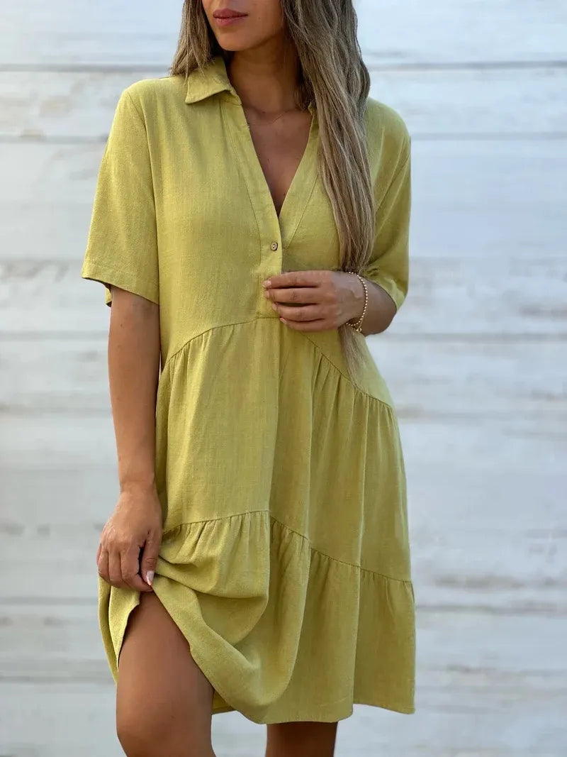 Solid Lapel Half Button Short Sleeve Loose Tiered Cotton Linen Midi Shirt Dress