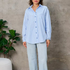 Vertical Stripe Lapel Button Down Loose Cotton Long Sleeve Shirt