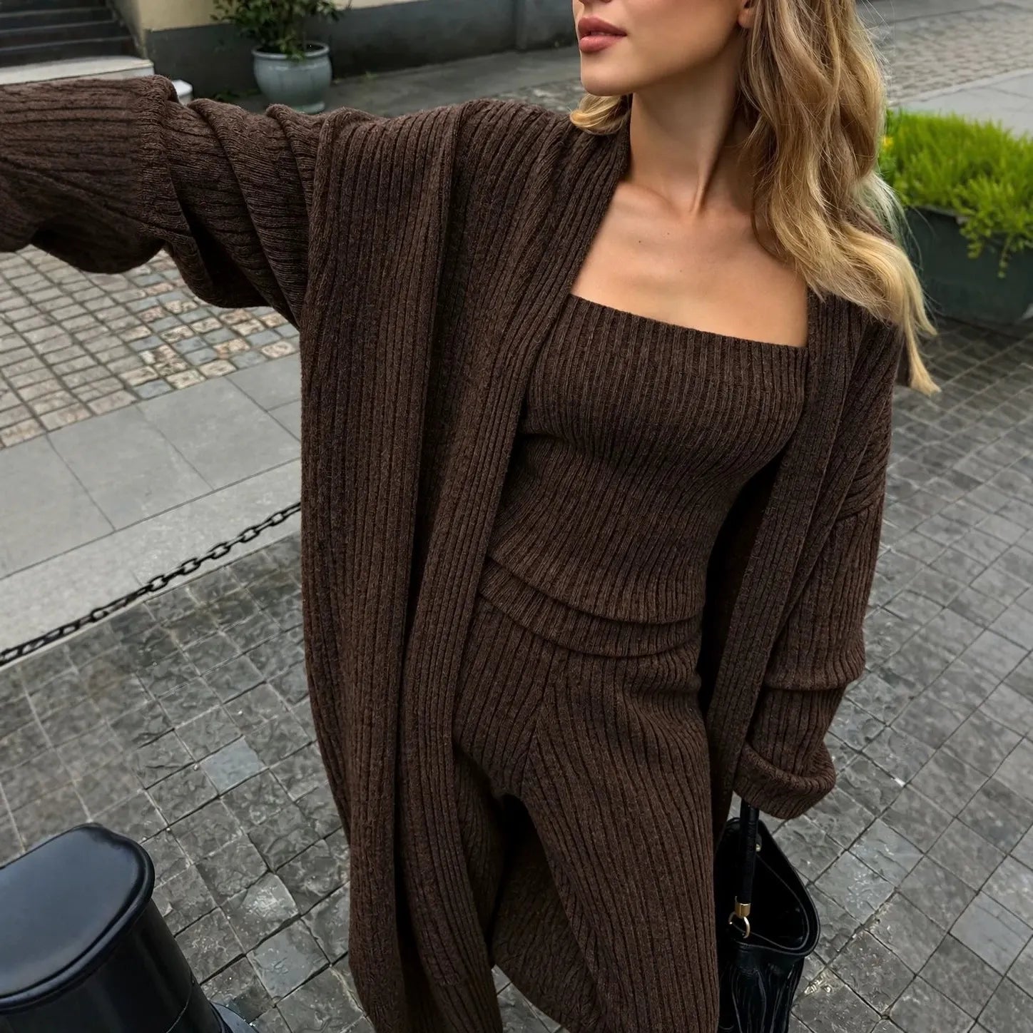 Casual Knit 3 Piece Matching Set, Heather Grey Long Duster Cardigan Cami And Wide Leg Pants Outfit