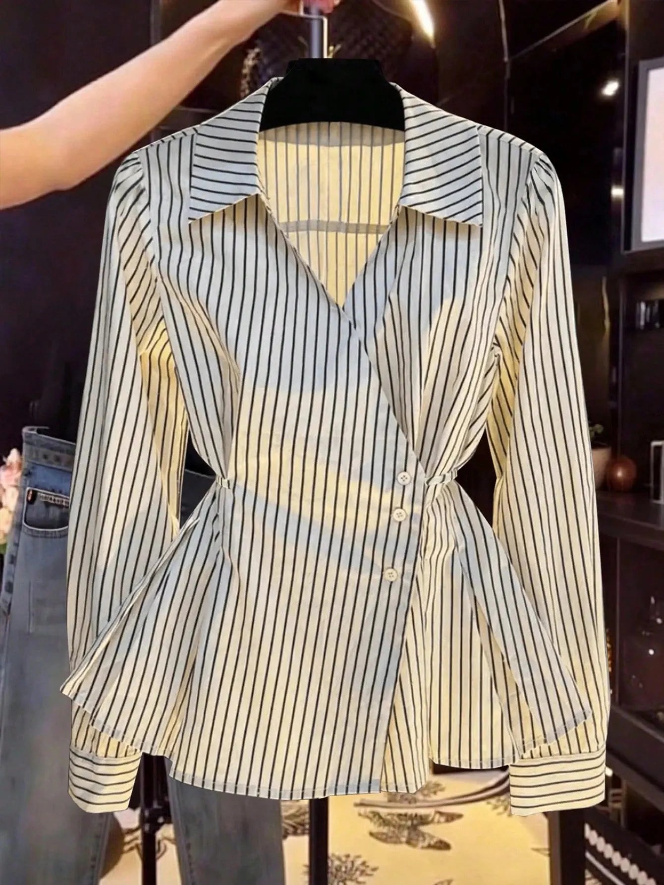 Lapel Wrap Side Tie Striped Slim Shirt