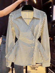 Lapel Wrap Side Tie Striped Slim Shirt