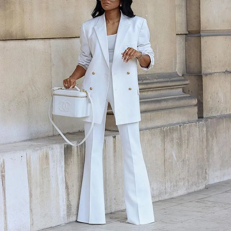 Double Breasted Blazer & High Waist Flared Pants Two Piece Commuter Suit Set