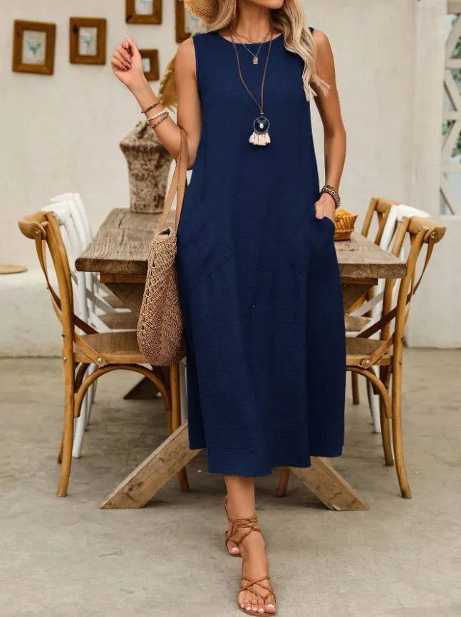 Solid Color Round Neck Sleeveless Loose A-Line Pocket Casual Maxi Dress