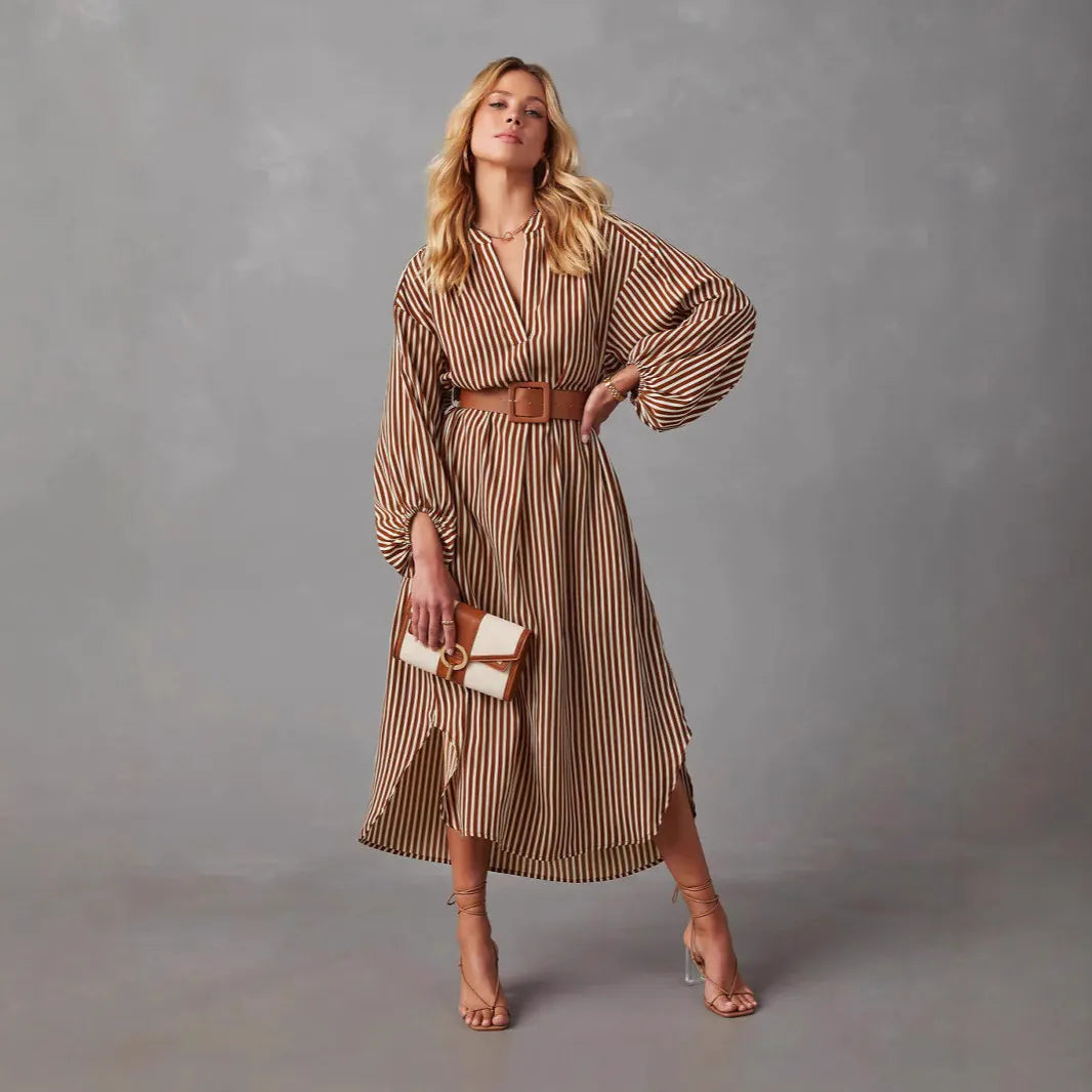 Stripe Balloon Sleeve Midi Shirt Dress With Belt