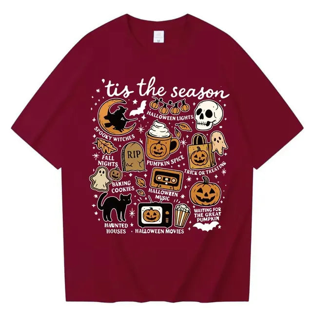 Halloween Retro Letter Graphic Crew Neck Short Sleeve T‑Shirt