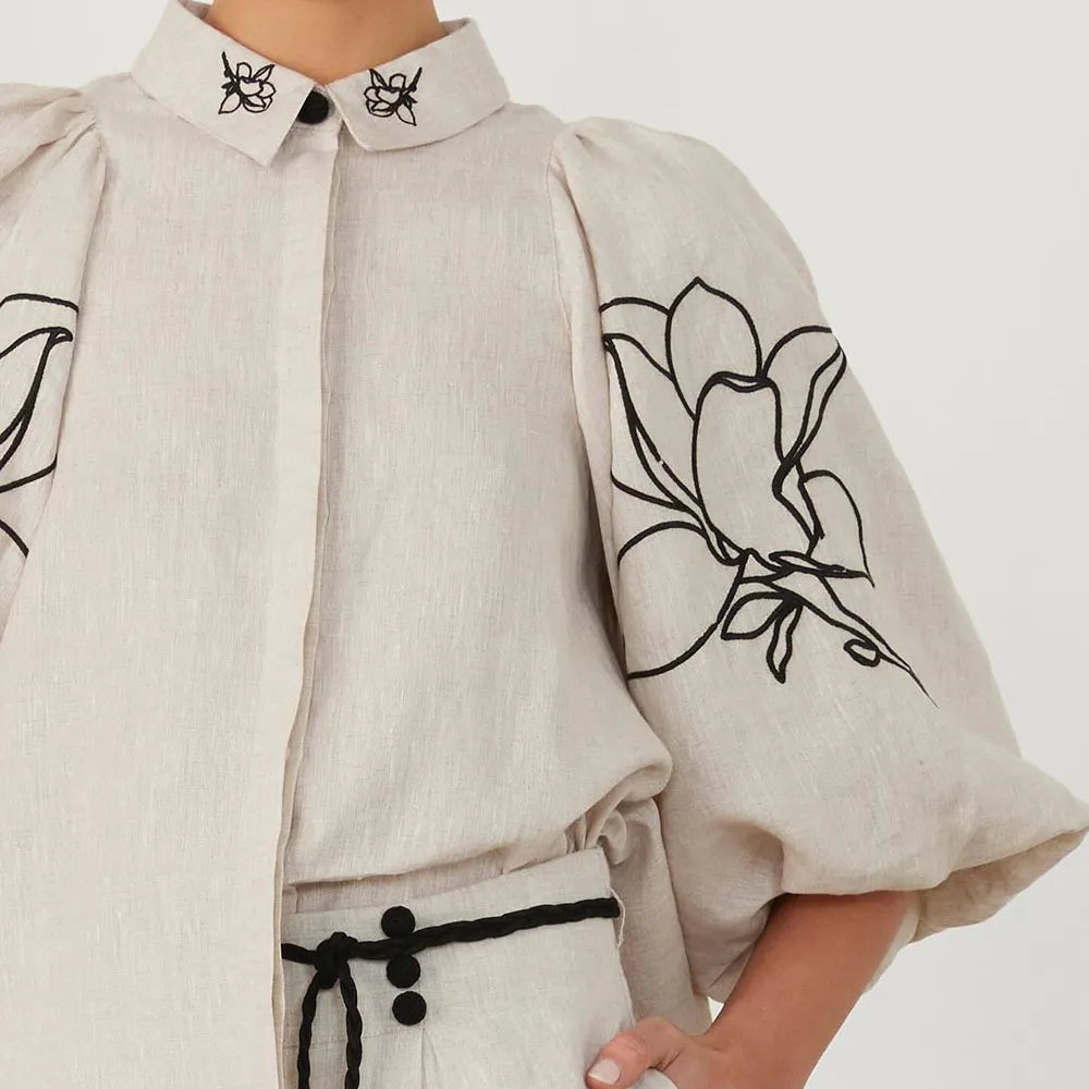 Womne's Floral Embroidery Linen Shirt & Wide Leg Pants 2 Piece Set