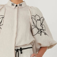 Womne's Floral Embroidery Linen Shirt & Wide Leg Pants 2 Piece Set