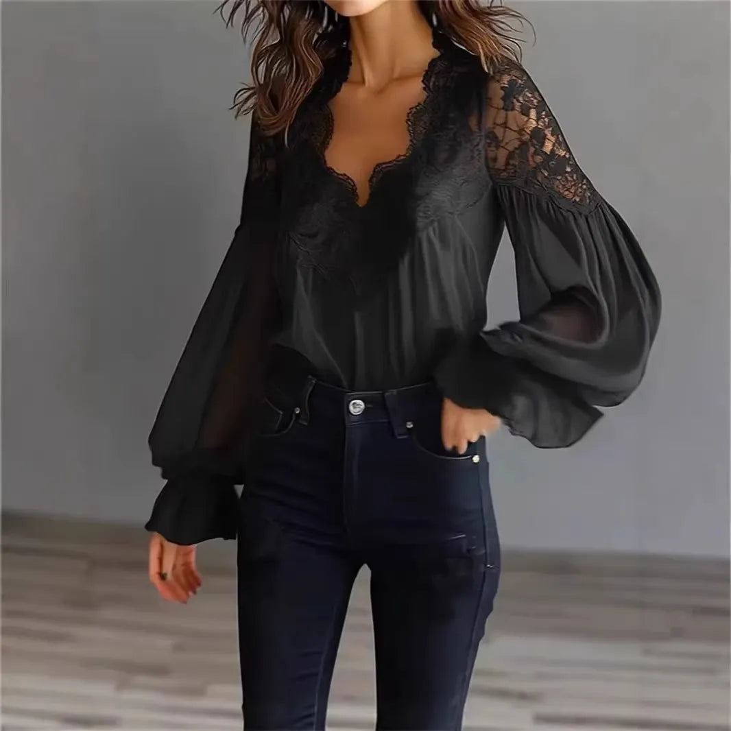 Lace Trim V-Neck Bubble Sleeve Blouse