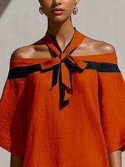 Off Shoulder Bow Tie Contrast Trim Batwing Sleeve Mini Dress