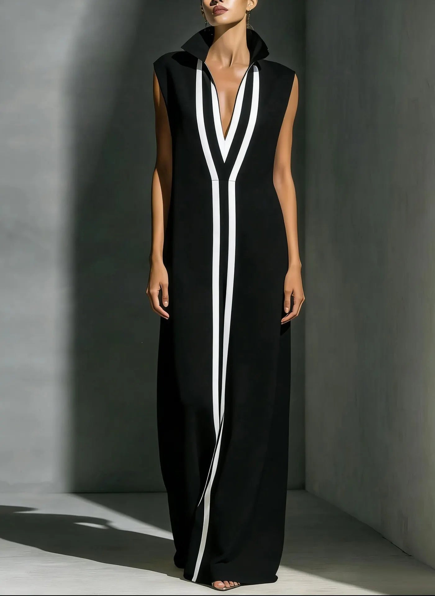 Contrast Piping Deep V-Neck Collared Sleeveless Loose Maxi Dress