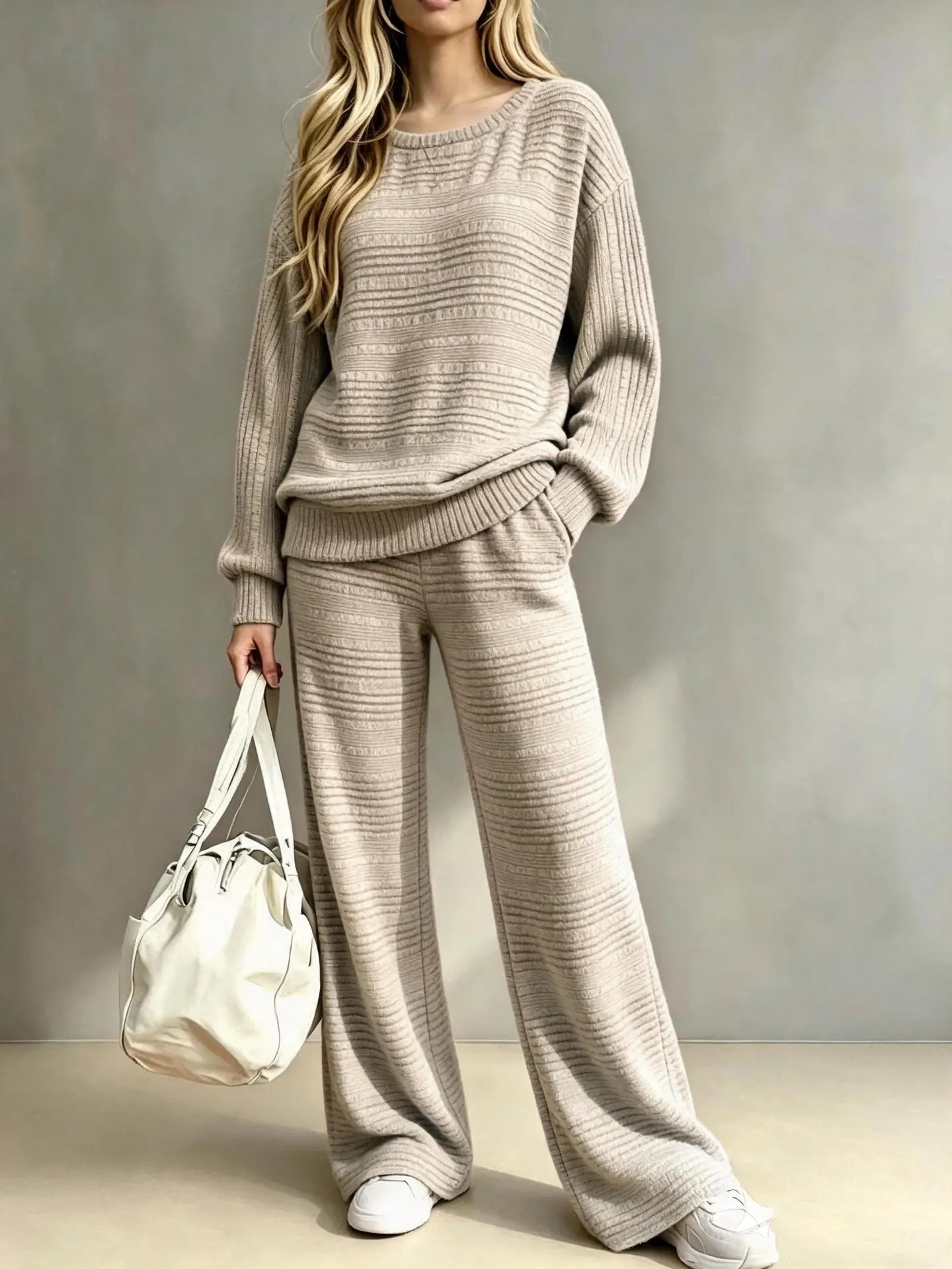 Cozy Striped Knit Matching Set, Long Sleeve Top + Wide Leg Trousers Casual Outfit